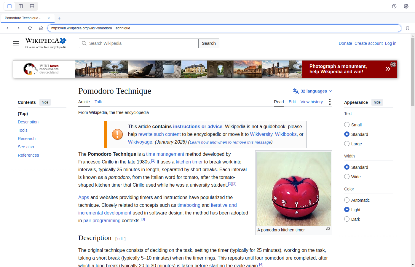 Das Browserfenster mit einer geöffneten Wikipedia-Seite. Oben links die drei Schaltflächen für Einzel-, Doppel- und Vierfachansicht, darunter Tableiste und Adresszeile.